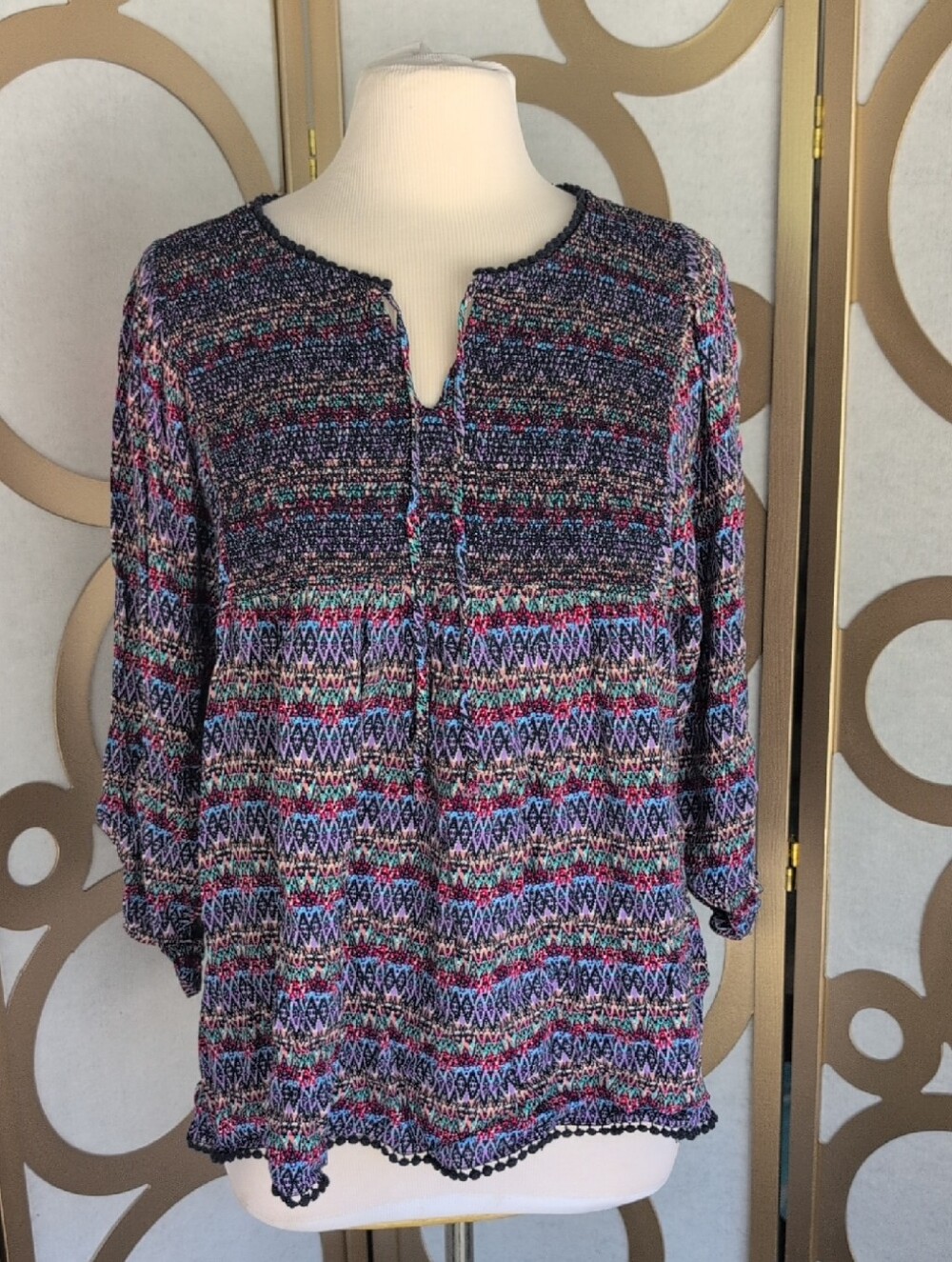 Multicolor Patterned Peasant Top - Purple/Blue